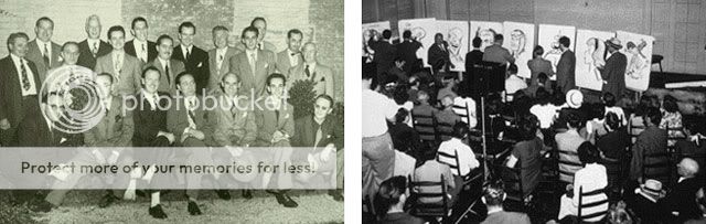 Early NCS Left: An early gathering of Cartoonists. Right: Catoonists do their chalktalk routine at a press preview for the 1948 NCS Exhibit in New York.